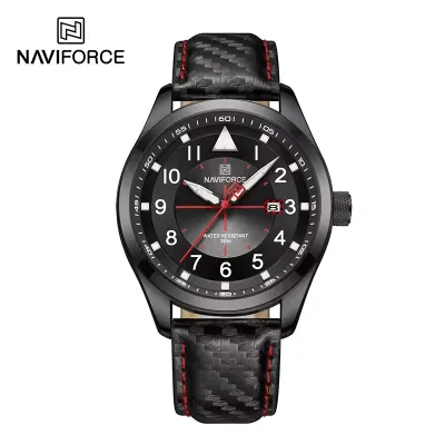 NAVIFORCE NF8022 Original New Men Business Watches Waterproof Leather Sport Wristwatch Quartz Date Display Male Clock - Black Red